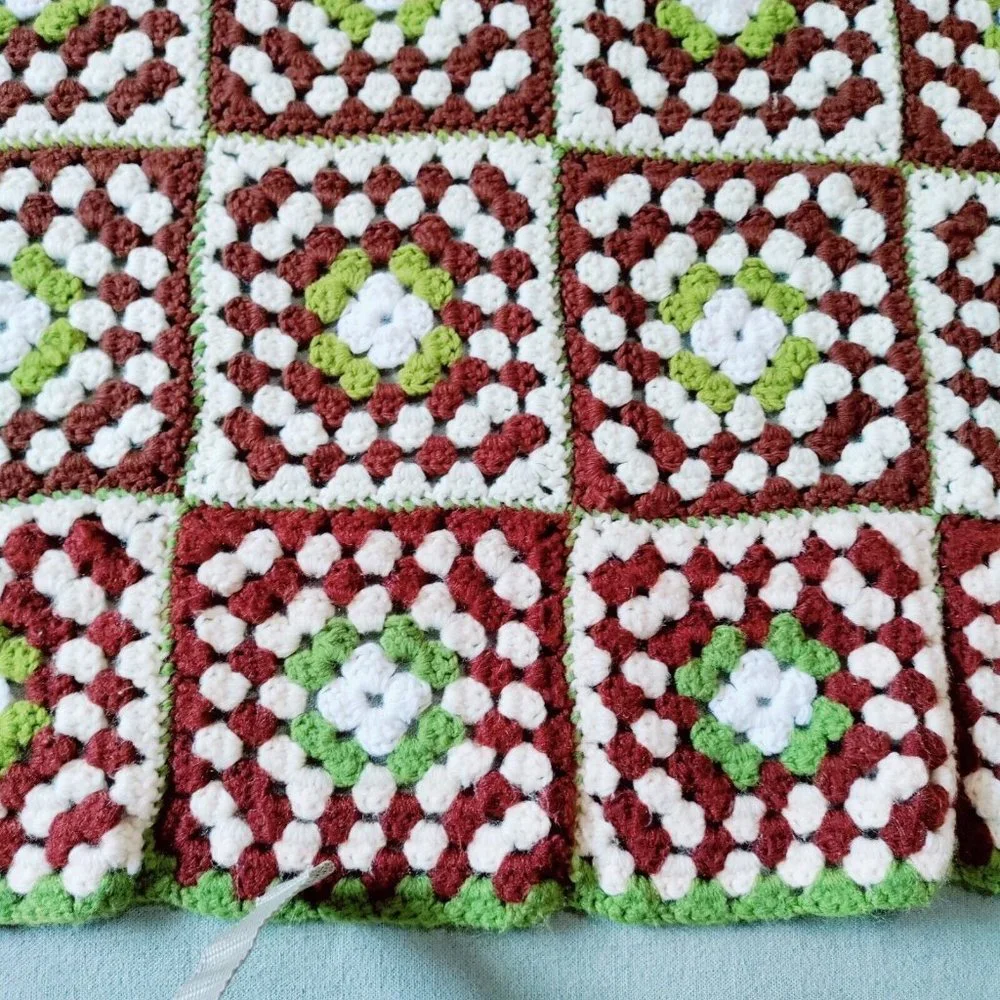 Handmade Granny Square Floral Crochet Afghan Blanket Brown Green Rectangle Throw
